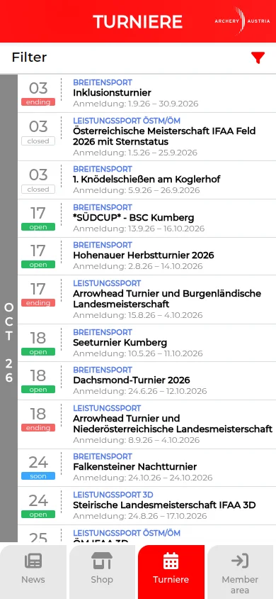 Turnierkalender in der App mit Anmeldestatus
