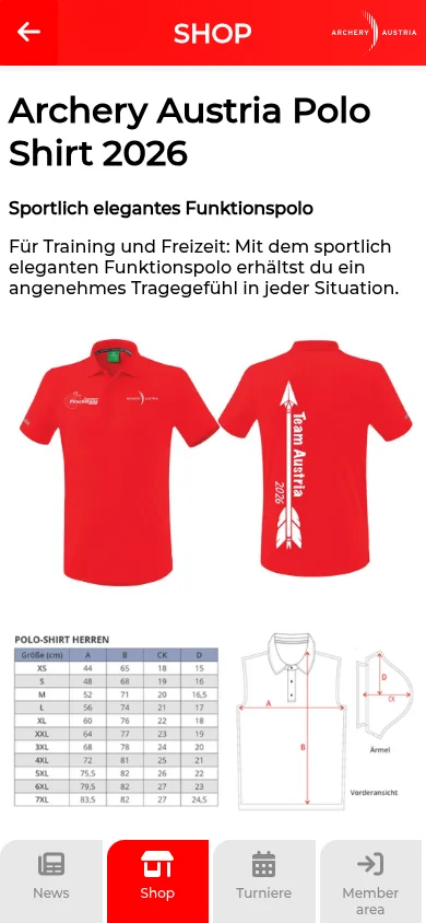 Produktseite mit Größentabelle